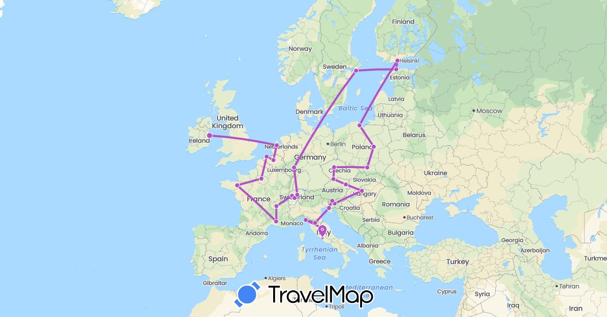 TravelMap itinerary: train in Austria, Belgium, Switzerland, Czech Republic, Germany, Estonia, Finland, France, Hungary, Ireland, Italy, Netherlands, Poland, Sweden, Slovenia (Europe)